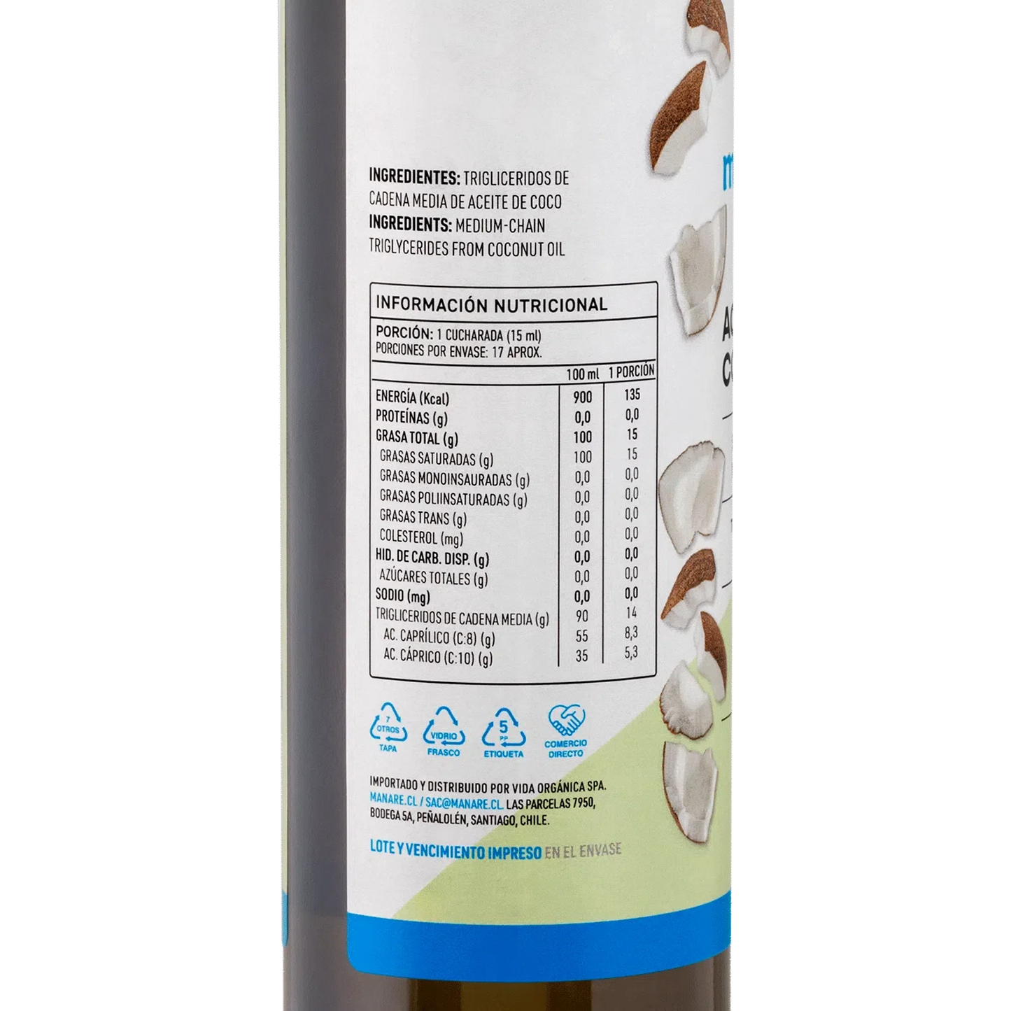 Aceite de coco MCT 250 ml Marca Manare