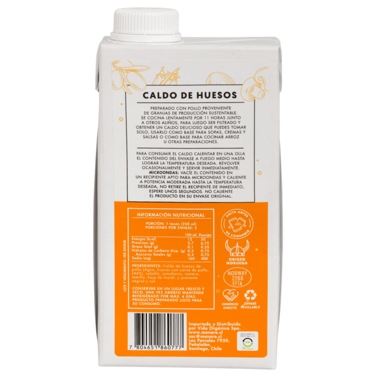 Caldo de huesos de pollo sin gluten 500 ml Marca Manare