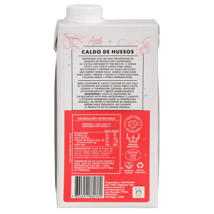 Caldo de huesos de vacuno sin gluten 500 ml Marca Manare