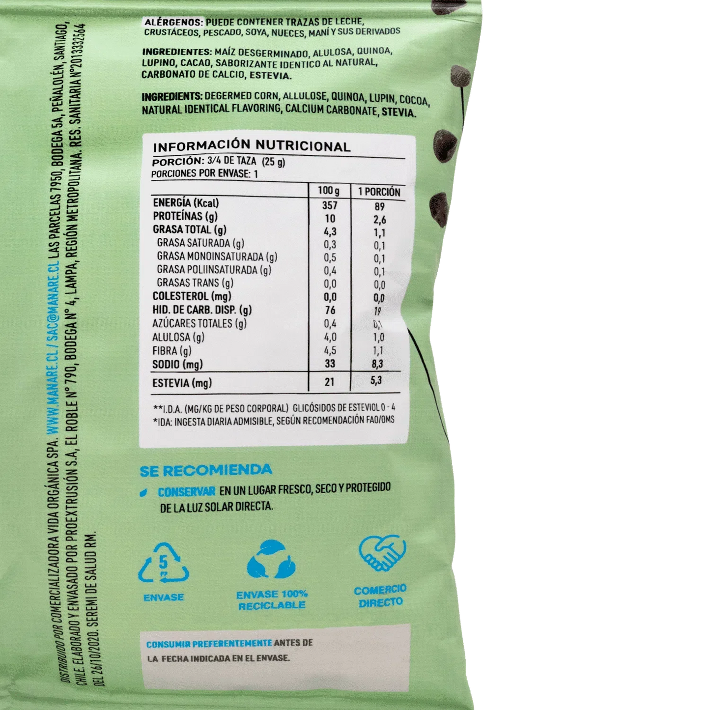 Cereal sin gluten con cacao 25 gramos Marca Manare