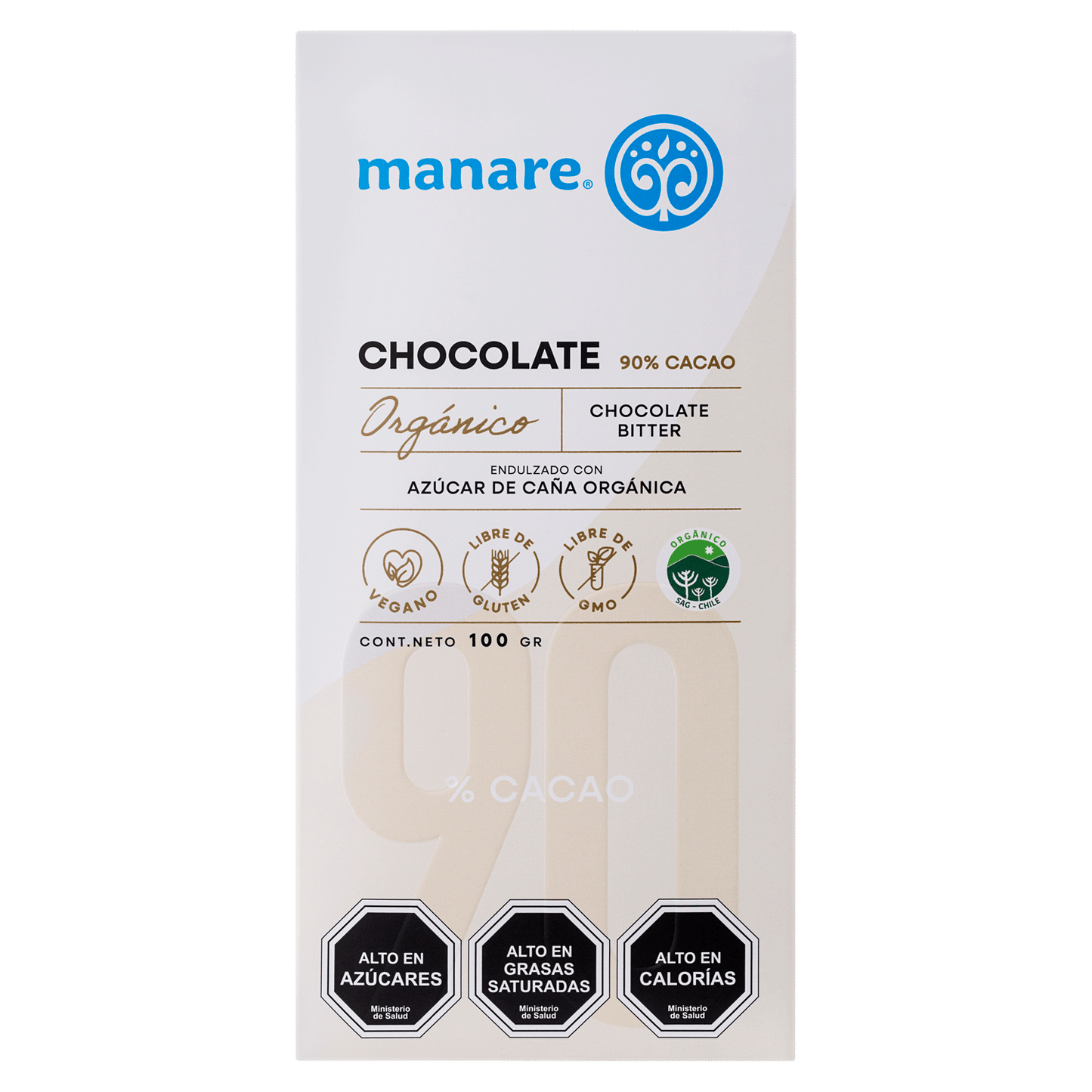 Barra de chocolate 90% cacao organico 100 gramos Marca Manare