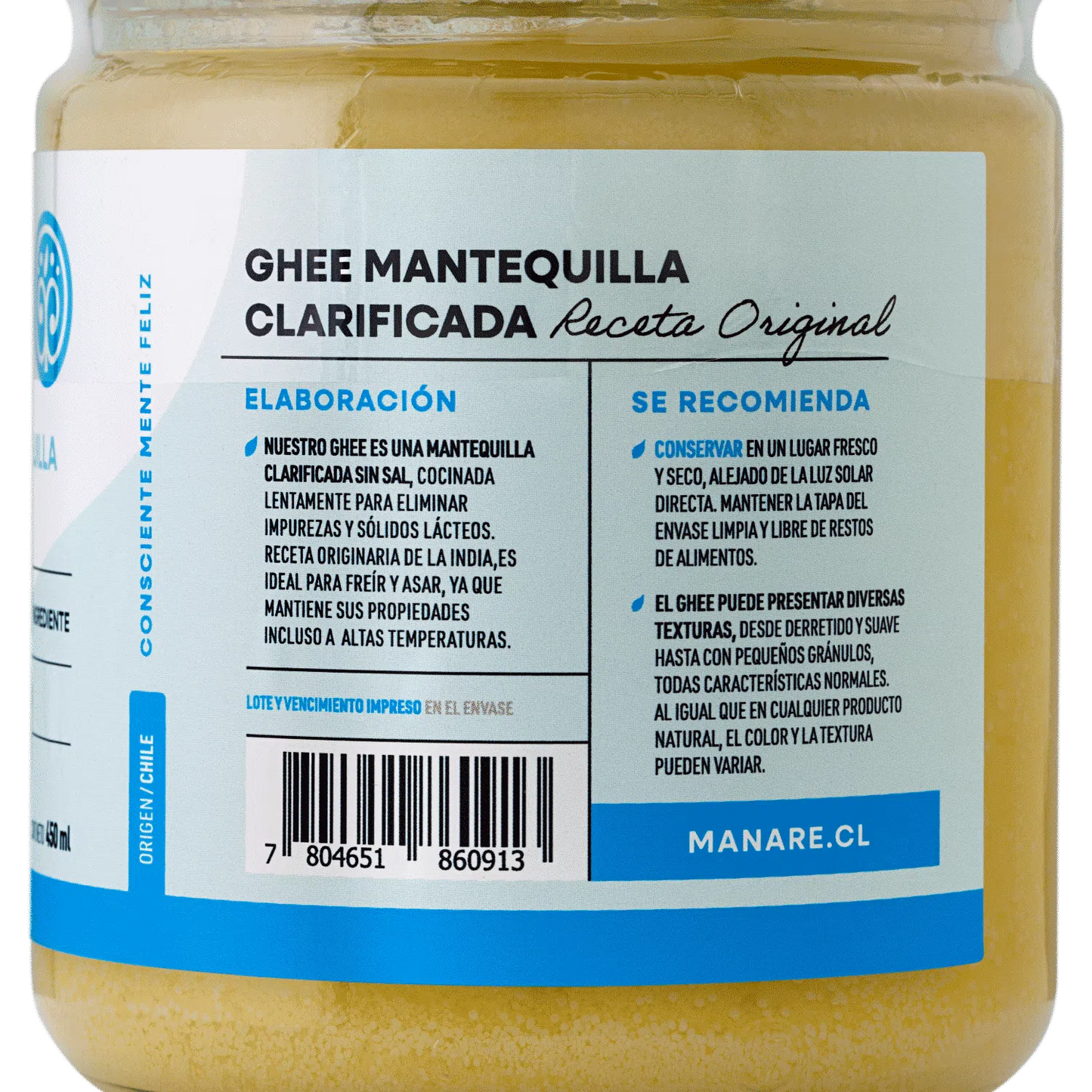 Ghee mantequilla clarificada sin gluten 450 ml Marca Manare