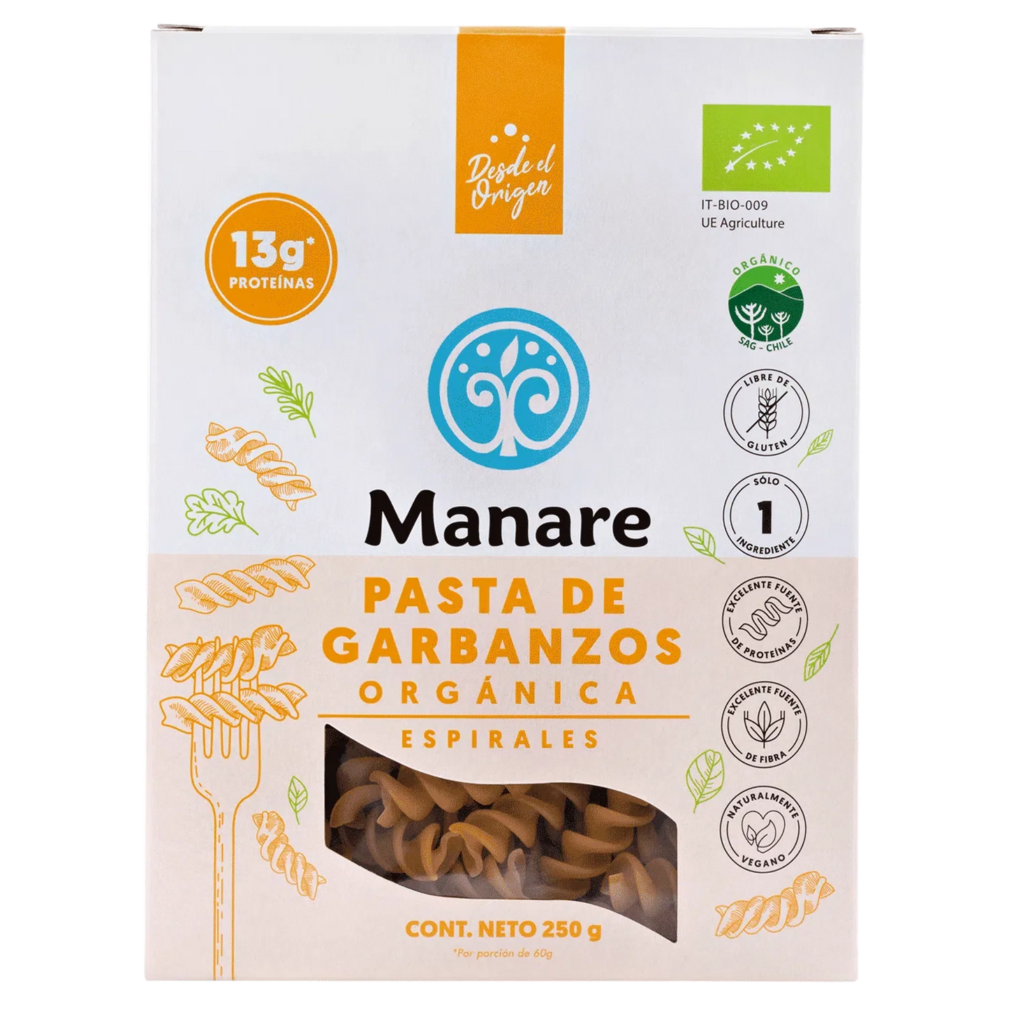Pasta espirales de garbanzos organicos 250 gramos Marca Manare