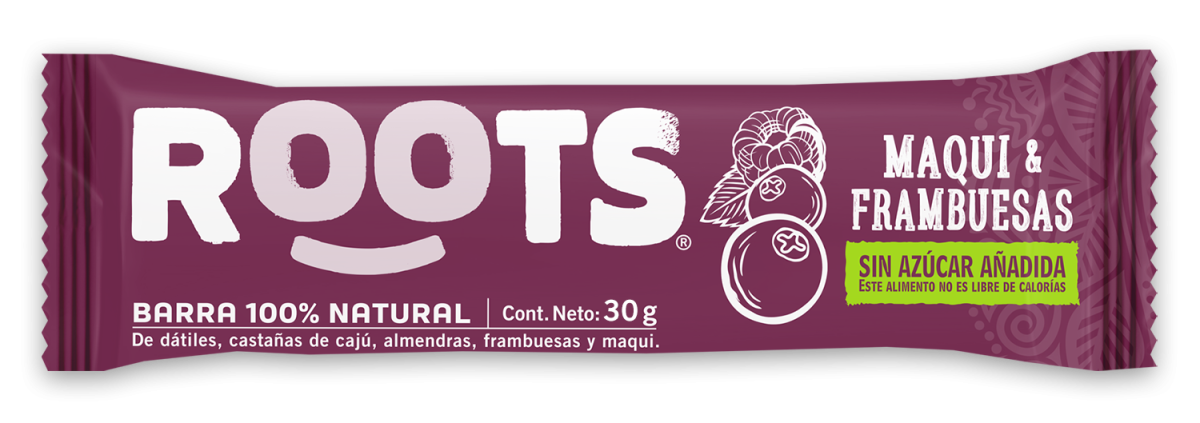 Barra maqui frambuesa sin azucar 30 gramos Marca Roots Bar