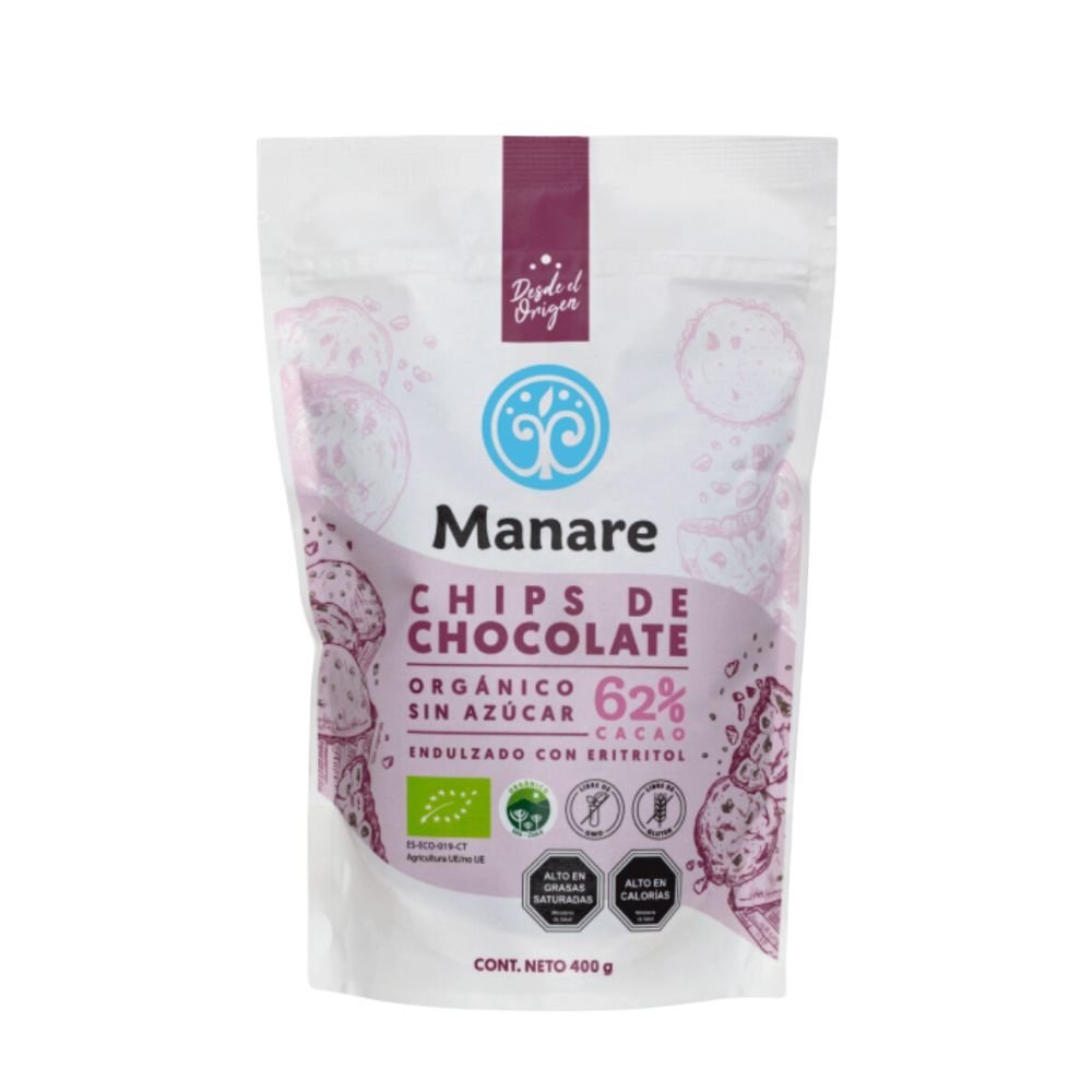 Chips de chocolate sin azucar 62% cacao organico 400 gramos Marca Manare