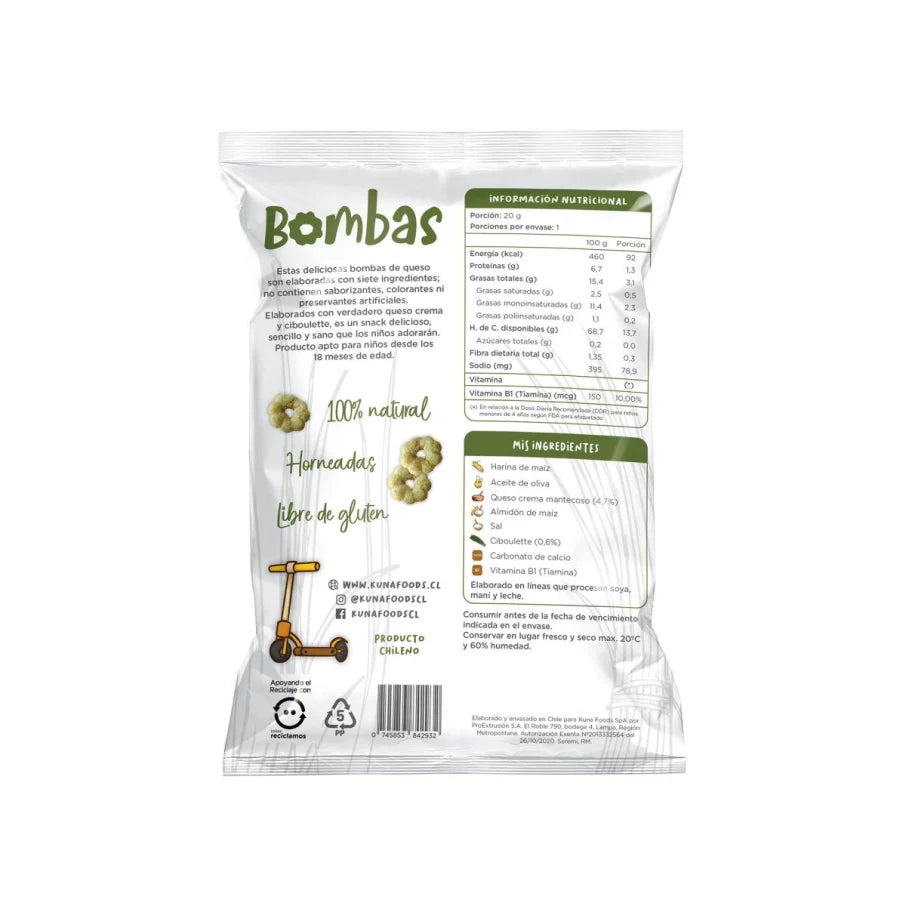 Caja Snack bomba de maiz sabor queso crema y ciboulette 24 unidades de 20 gramos Marca Kuna Foods