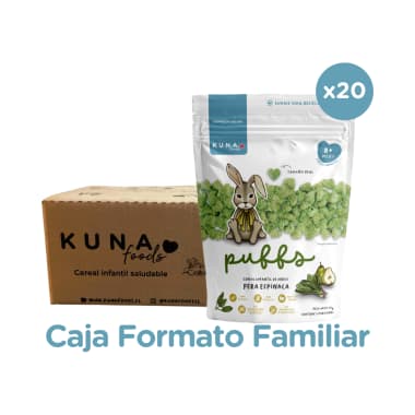 Caja Puffs sabor pera espinaca 20 unidades de 50 gramos Marca Kuna Foods