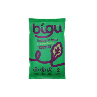 Rollo de frutas y espinaca 25 gramos Marca Bigu snacks