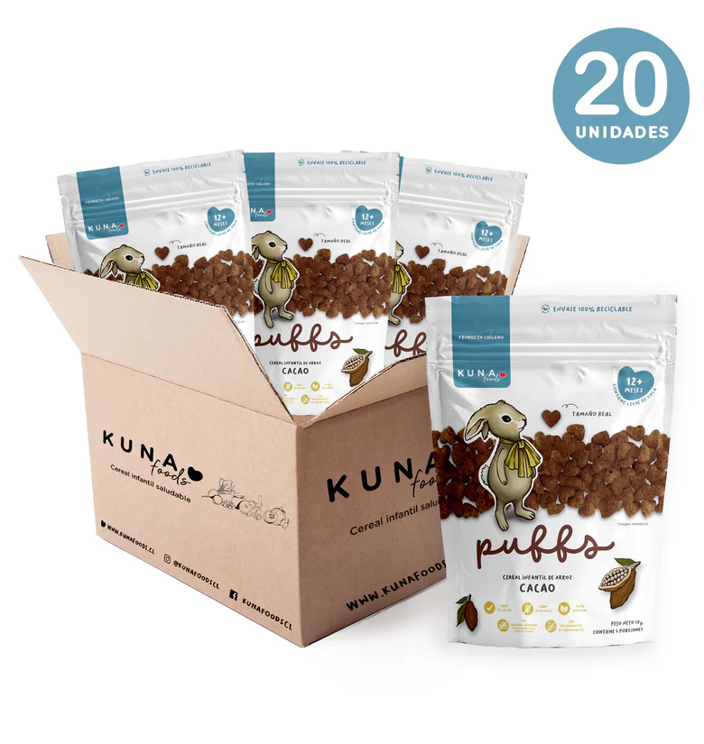 Caja Puffs sabor cacao 20 unidades de 50 gramos Marca Kuna Foods