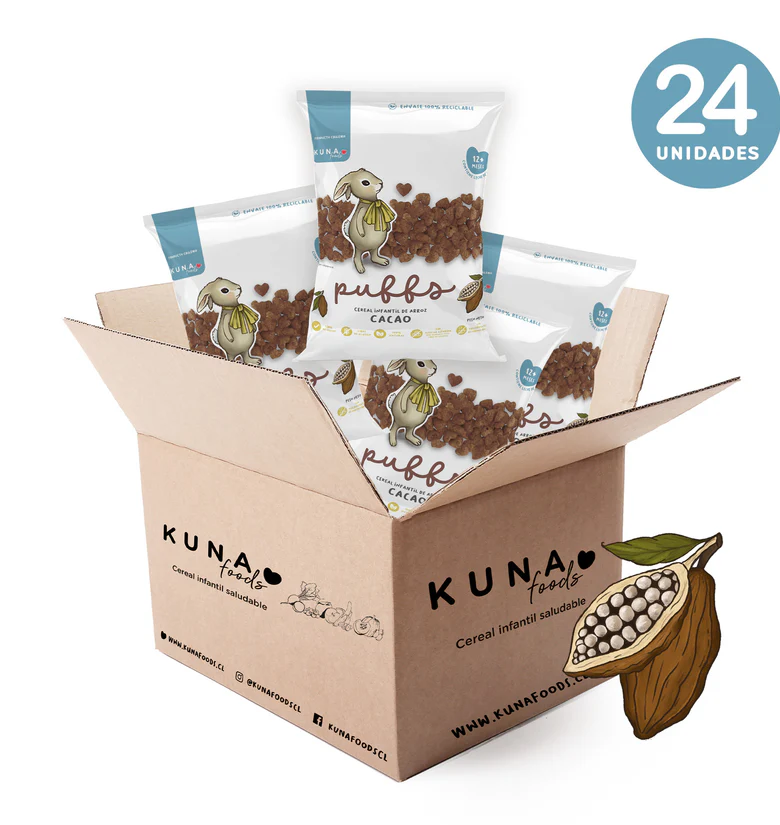 Caja Puffs sabor cacao 24 unidades de 10 gramos Marca Kuna Foods