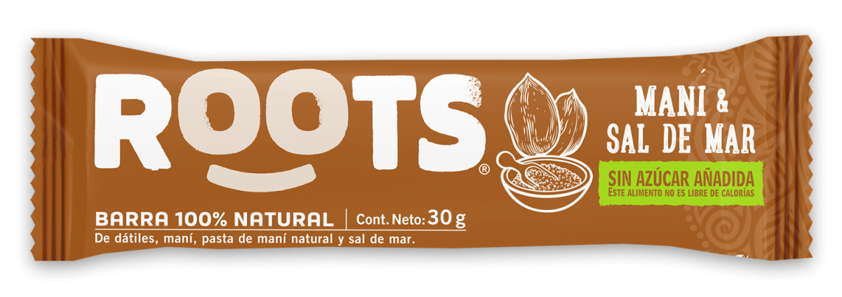 Barra mani sal de mar sin azucar 30 gramos Marca Roots Bar