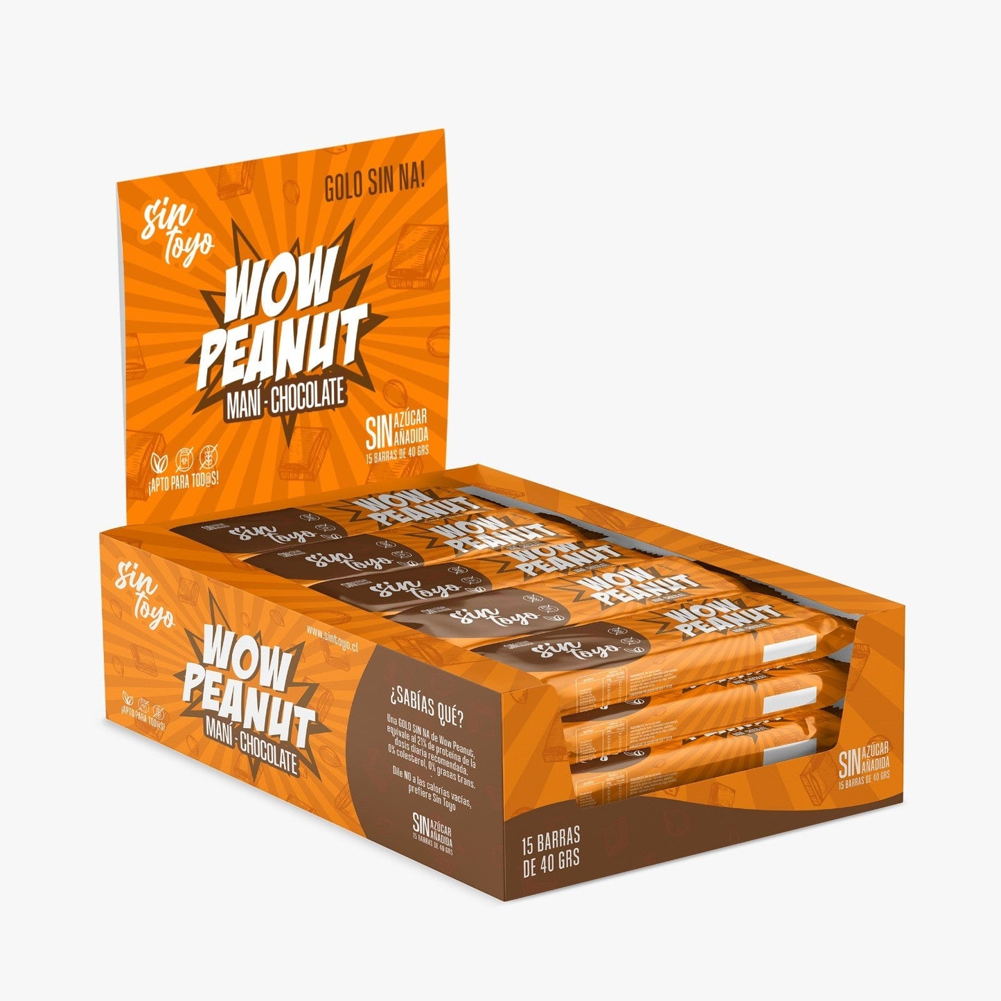 Display 15 unidades barra de mani y chocolate Wow Peanut 40 gramos Marca Sin Toyo