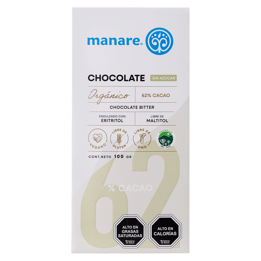 Barra de chocolate sin azucar 62% cacao organico 100 gramos Marca Manare