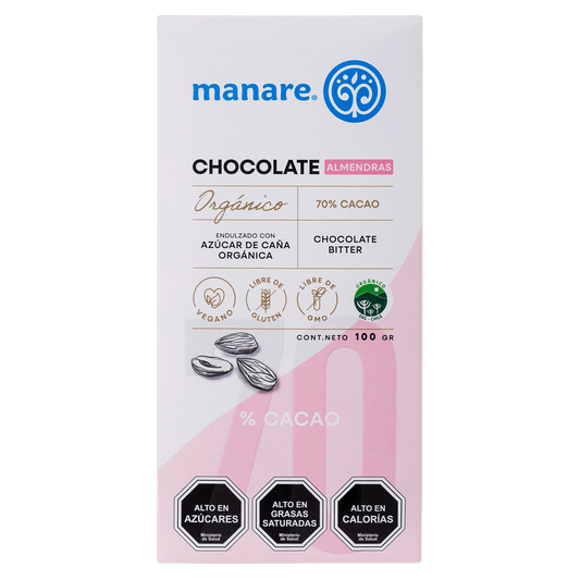 Barra de chocolate y almendras 70% cacao organico 100 gramos Marca Manare