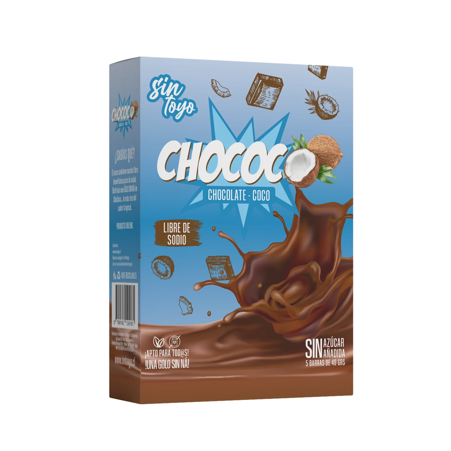 Display 5 unidades barra de coco y chocolate Chococo 40 gramos Marca Sin Toyo