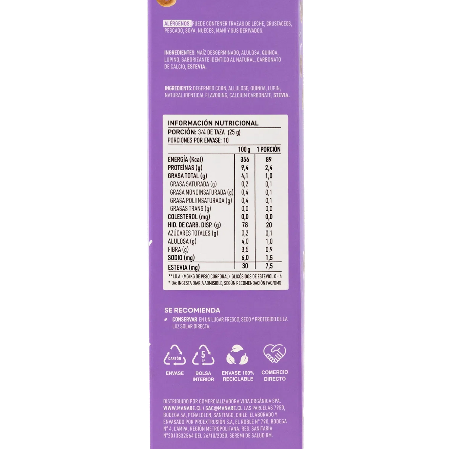 Cereal sin gluten dulce 250 gramos Marca Manare