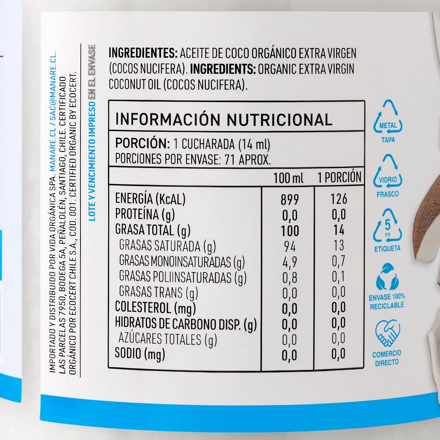 Aceite de coco organico 1 litro Marca Manare