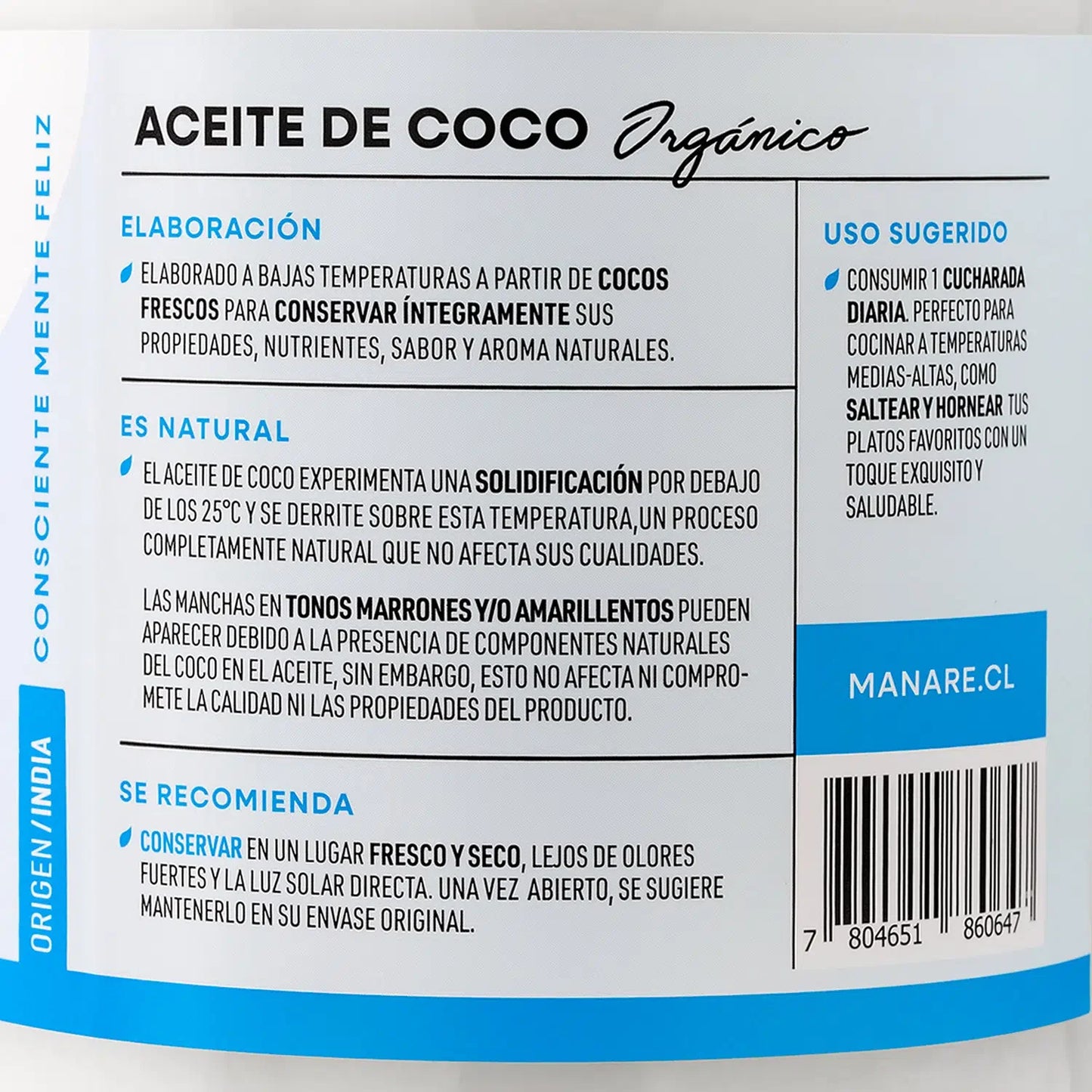 Aceite de coco organico 1 litro Marca Manare