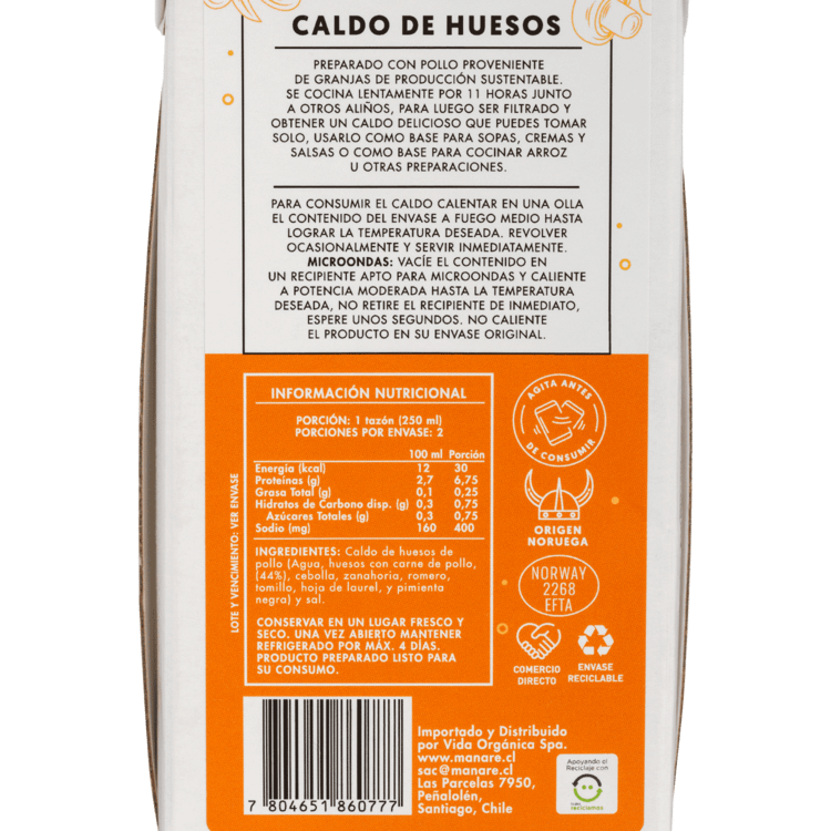 Caldo de huesos de pollo sin gluten 500 ml Marca Manare