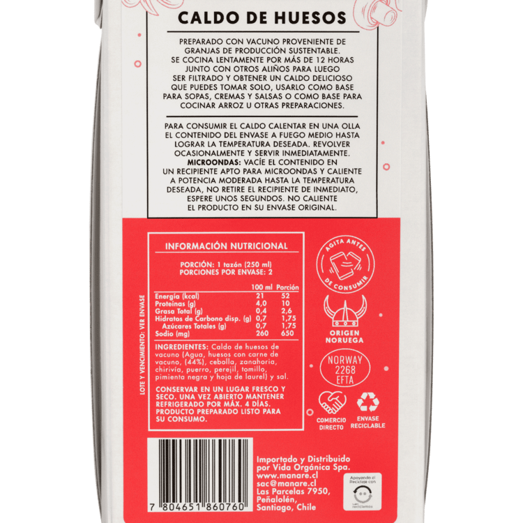 Caldo de huesos de vacuno sin gluten 500 ml Marca Manare