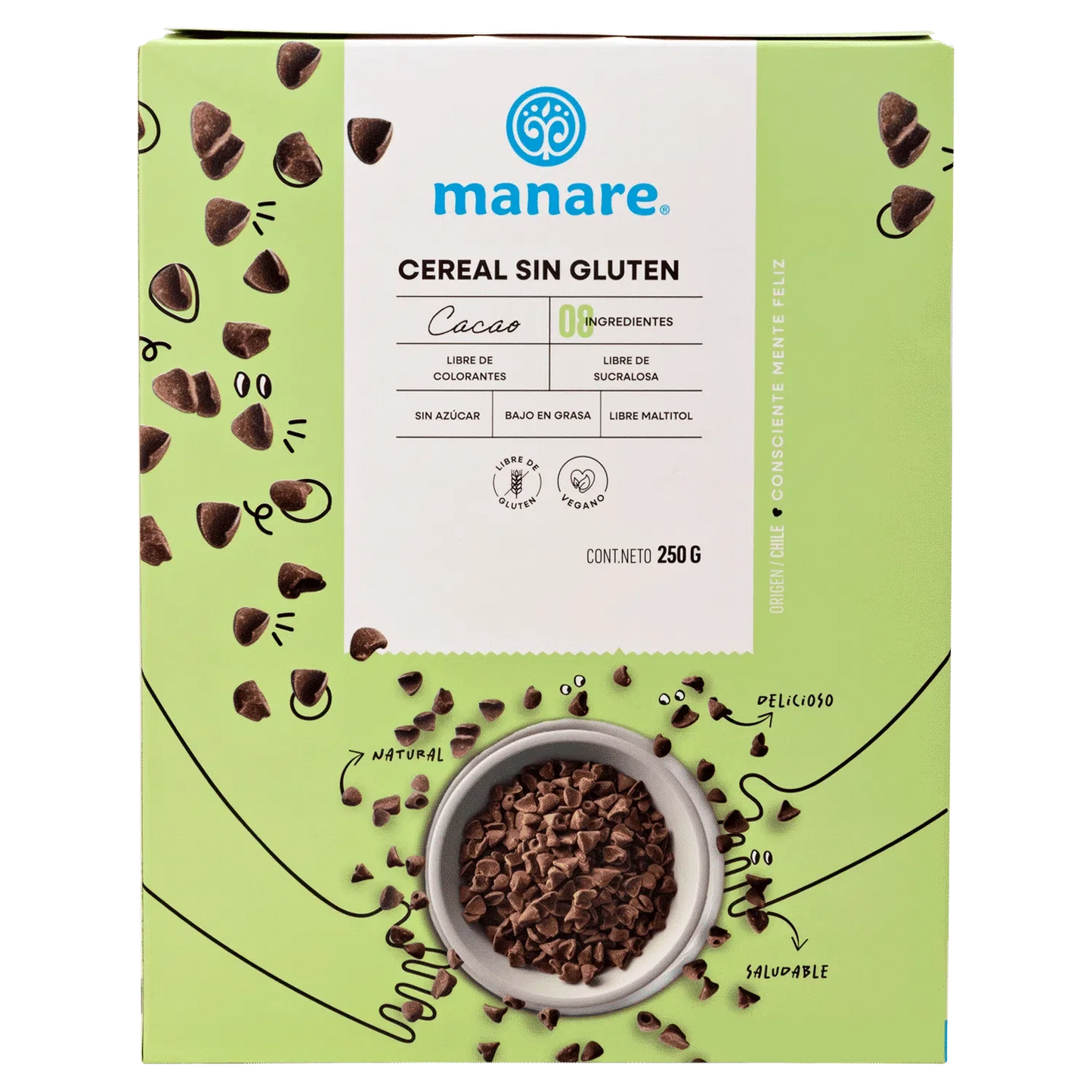 Cereal sin gluten con cacao 250 gramos Marca Manare