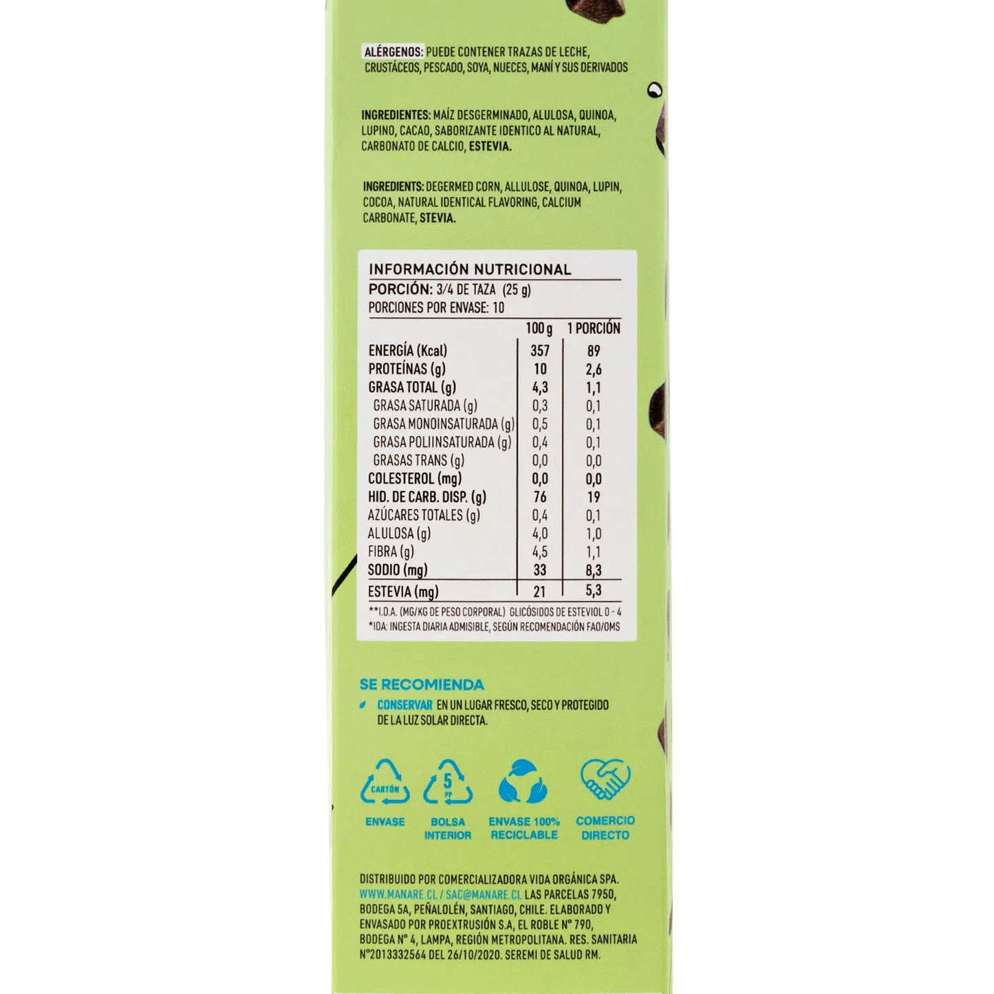 Cereal sin gluten con cacao 250 gramos Marca Manare