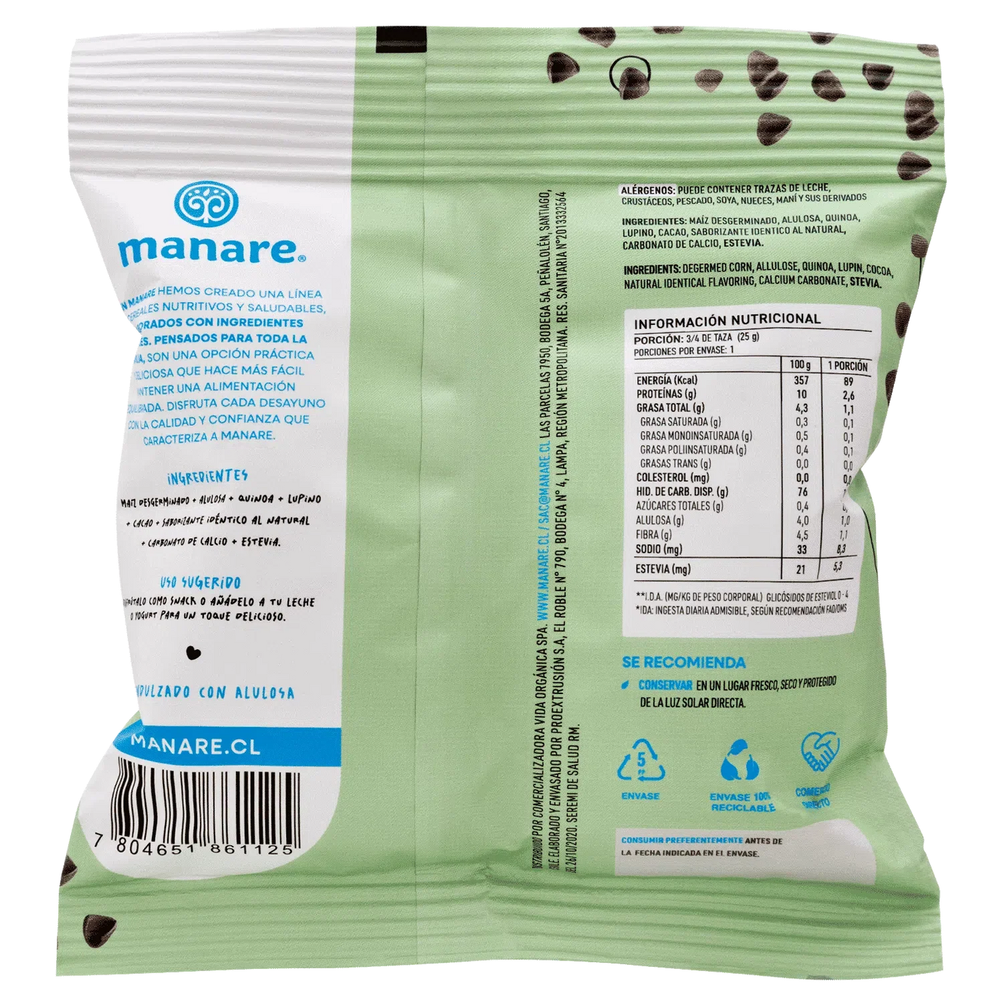 Cereal sin gluten con cacao 25 gramos Marca Manare