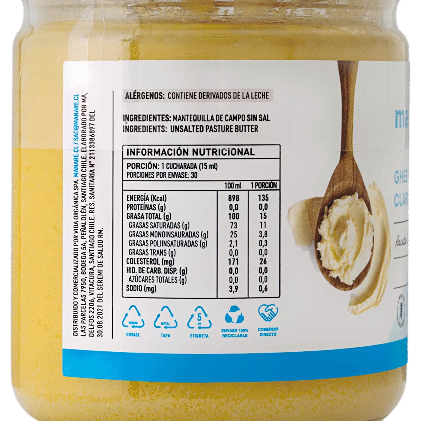Ghee mantequilla clarificada sin gluten 450 ml Marca Manare