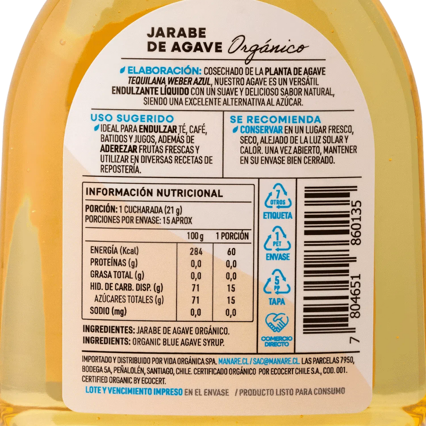 Jarabe de agave organico 330 gramos Marca Manare