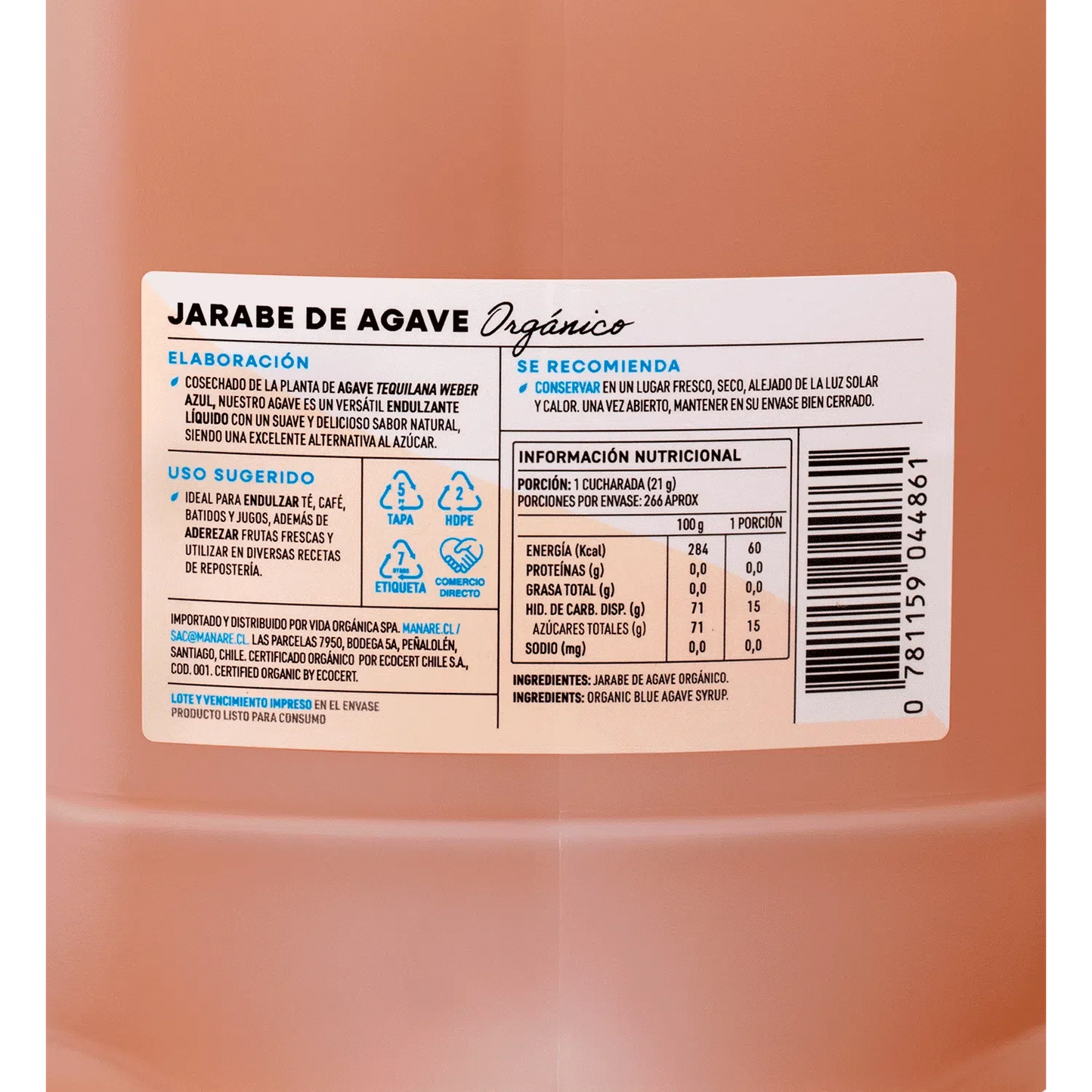 Jarabe de agave organico 5.6 kilogramos Marca Manare