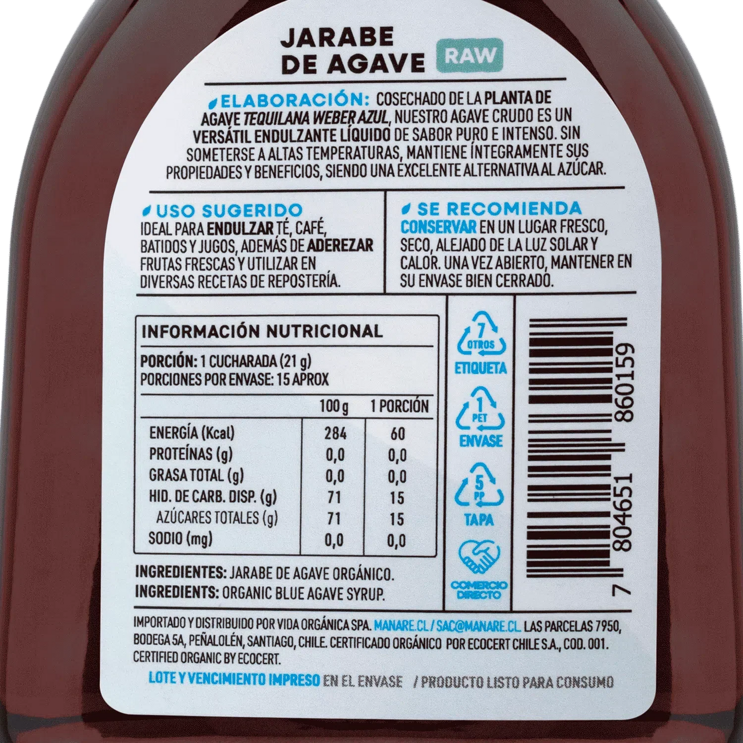 Jarabe de agave raw organico 330 gramos Marca Manare