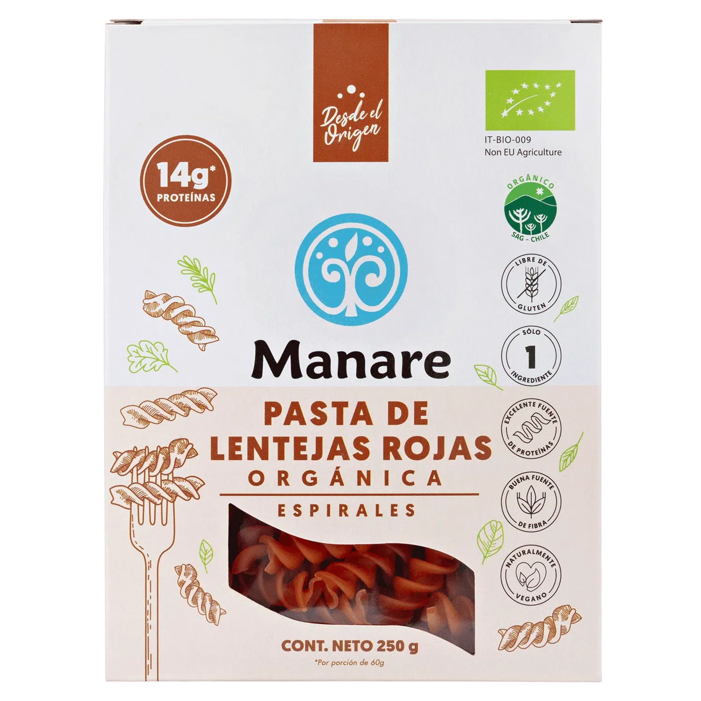 Pasta espirales de lentejas rojas organicas 250 gramos Marca Manare