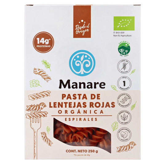 Pasta espirales de lentejas rojas organicas 250 gramos Marca Manare