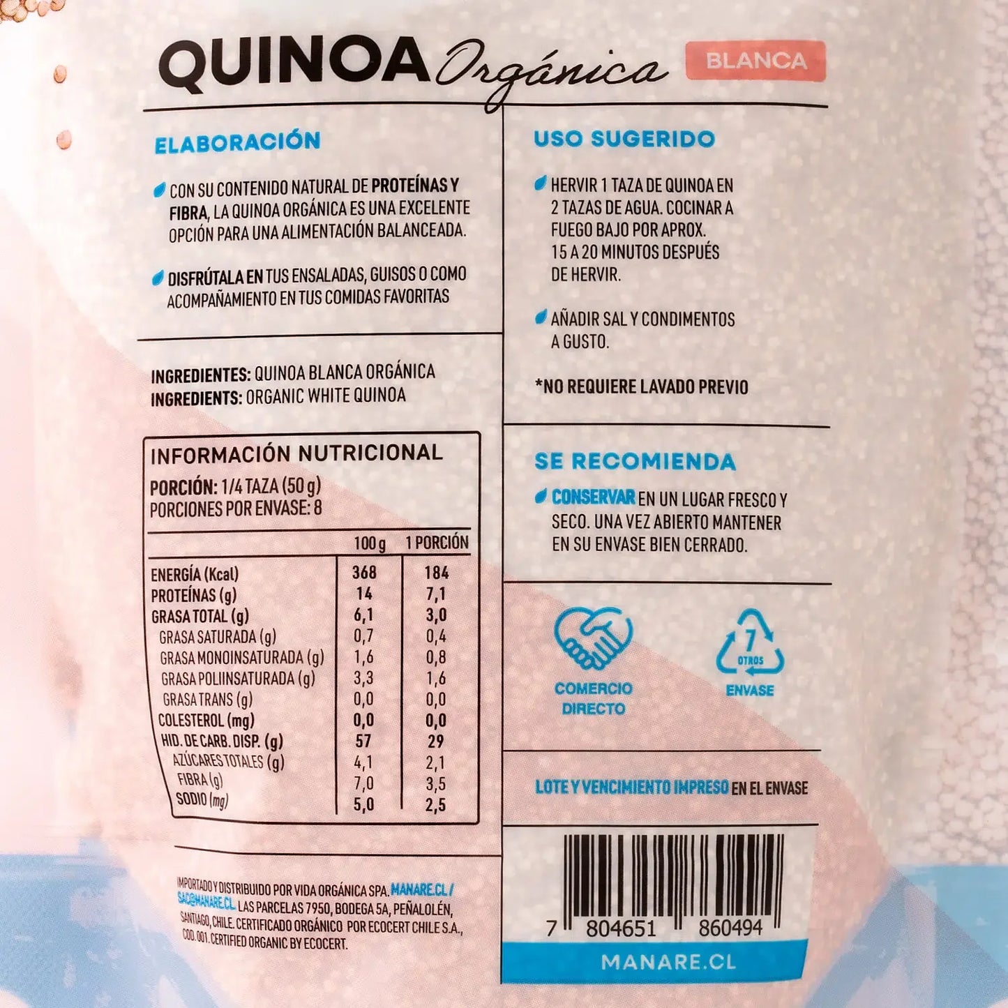 Quinoa blanca organica 400 gramos Marca Manare