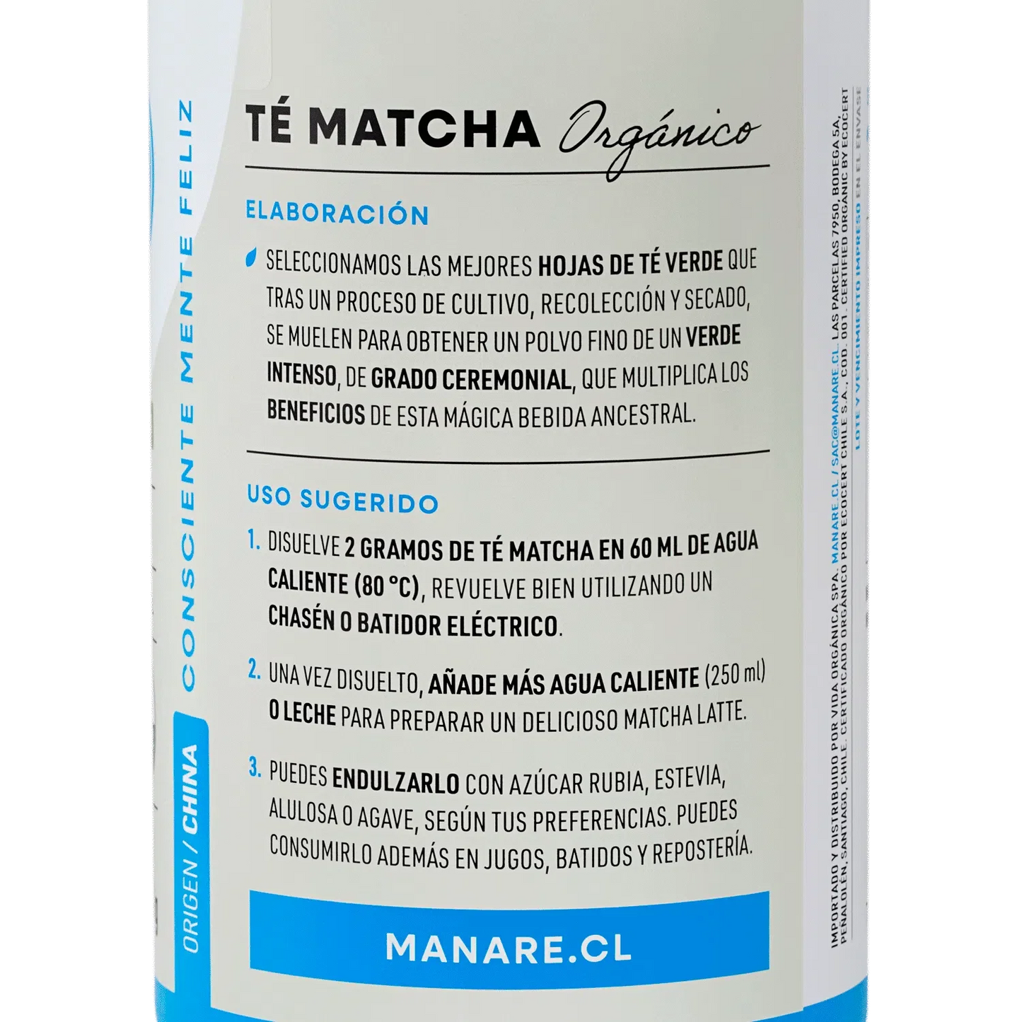 Te matcha organico en polvo 100 gramos Marca Manare
