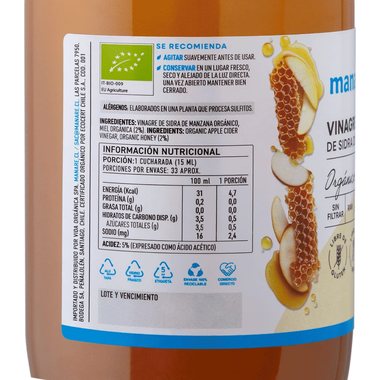 Vinagre de manzana con miel organico 500 ml Marca Manare