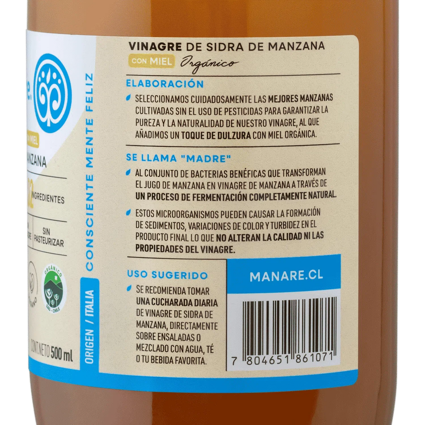 Vinagre de manzana con miel organico 500 ml Marca Manare