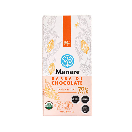 Barra de chocolate 70% cacao organico 100 gramos Marca Manare