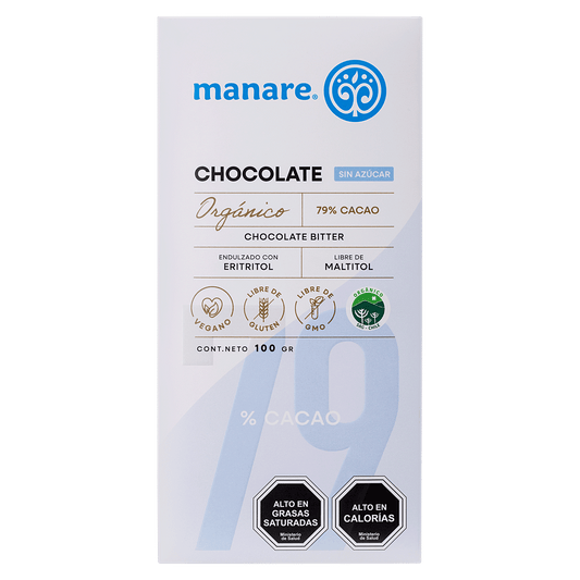 Barra de chocolate sin azucar 79% cacao organico 100 gramos Marca Manare
