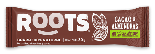 Barra cacao almendra sin azucar 30 gramos Marca Roots Bar