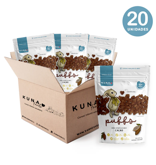 Caja Puffs sabor cacao 20 unidades de 50 gramos Marca Kuna Foods