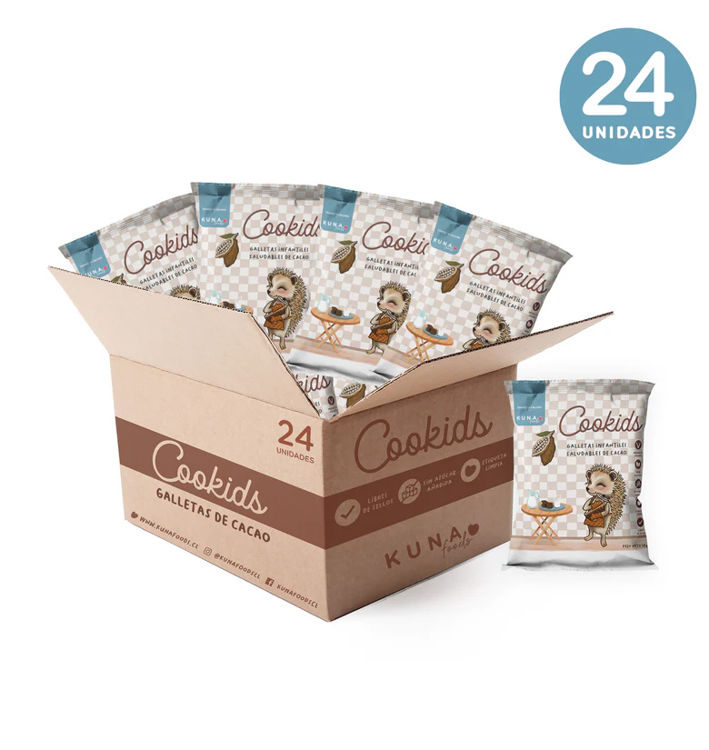Caja Galletas cookids sabor cacao 24 unidades de 30 gramos Marca Kuna Foods