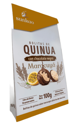 Bolitas de quinoa sabor maracuya cubiertas de chocolate negro 55% 100 gramos Marca Sunkao