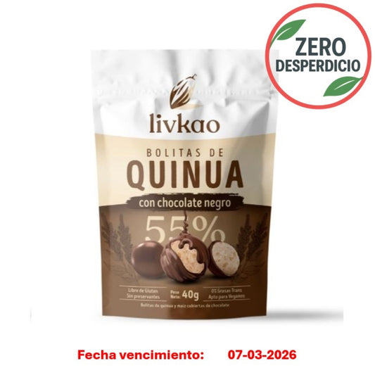 ZERO DESPERDICIO - Bolitas de quinoa y maiz cubiertas con chocolate amargo 40 gramos Marca Sunkao