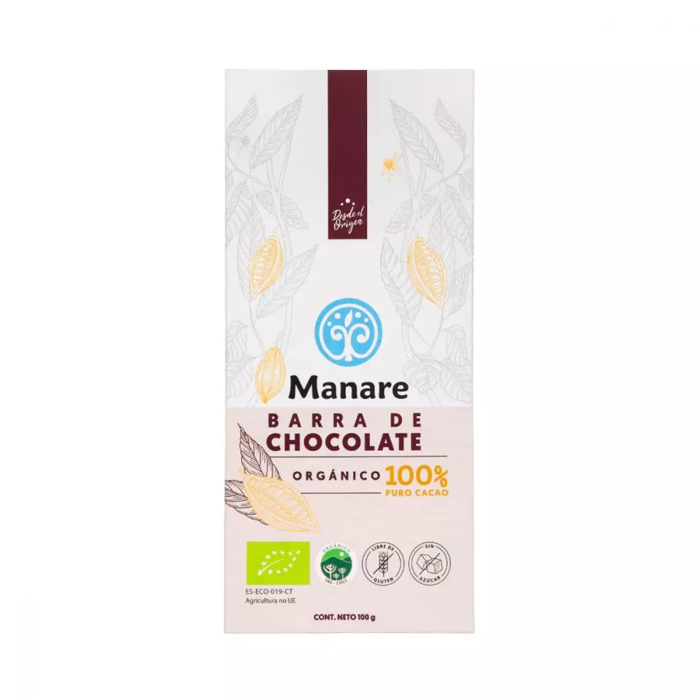 Barra de chocolate 100% cacao organico 100 gramos Marca Manare