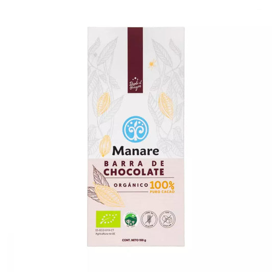 Barra de chocolate 100% cacao organico 100 gramos Marca Manare