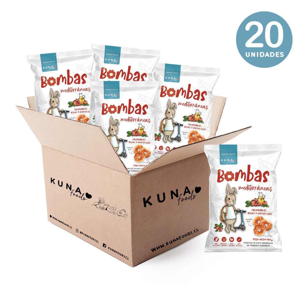 Caja Snack bomba de maiz sabor mediterraneo 20 unidades de 100 gramos Marca Kuna Foods