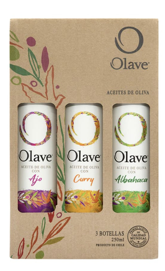 Pack aceite de oliva sabor ajo, curry y albahaca 3 botellas de 250 ml Marca Olave