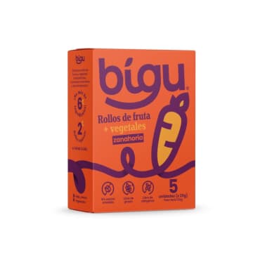 Rollo de frutas y zanahoria caja 5 unidades de 25 gramos Marca Bigu snacks