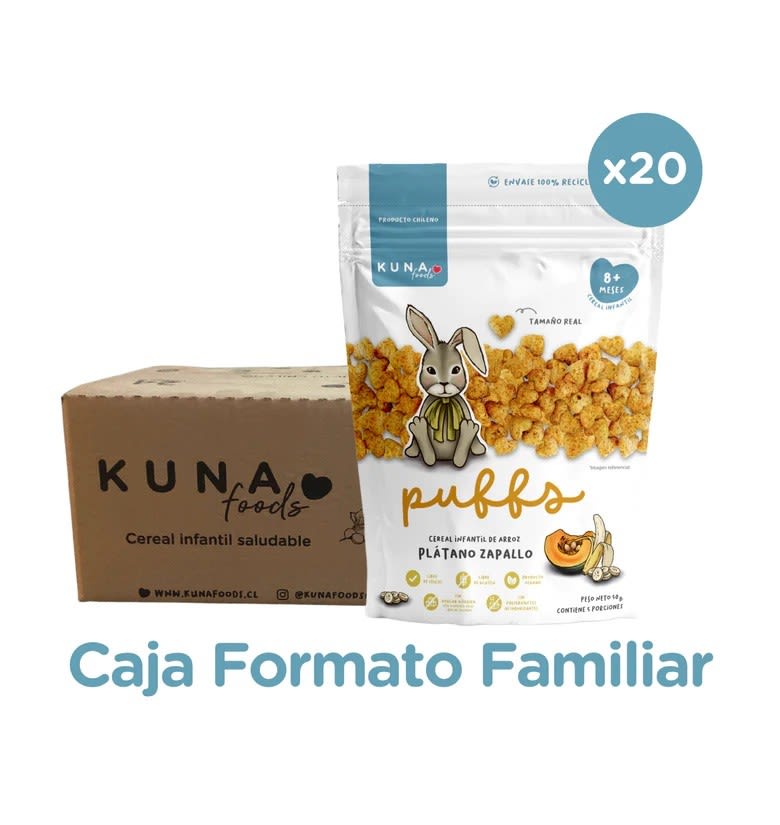 Caja Puffs sabor platano zapallo 20 unidades de 50 gramos Marca Kuna Foods